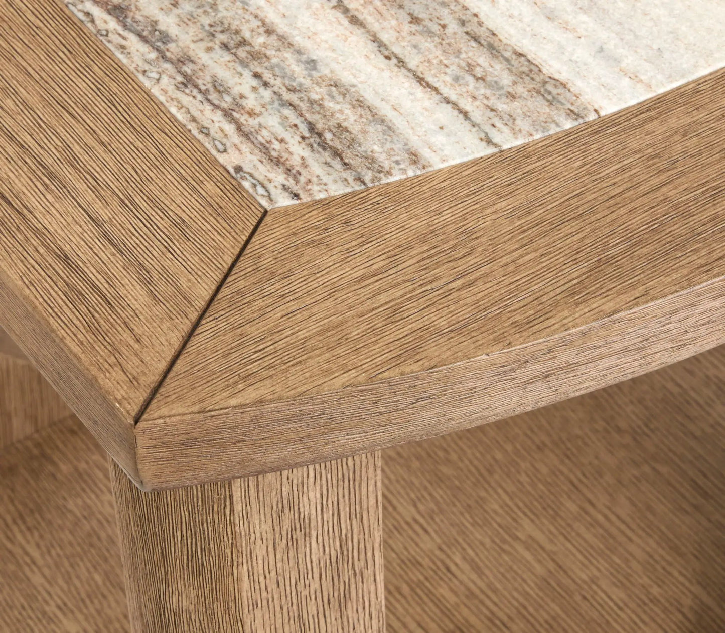 Bradford rectangular end table with oak wood grain frame and light marble-like border on Tampa Home & Garden Store