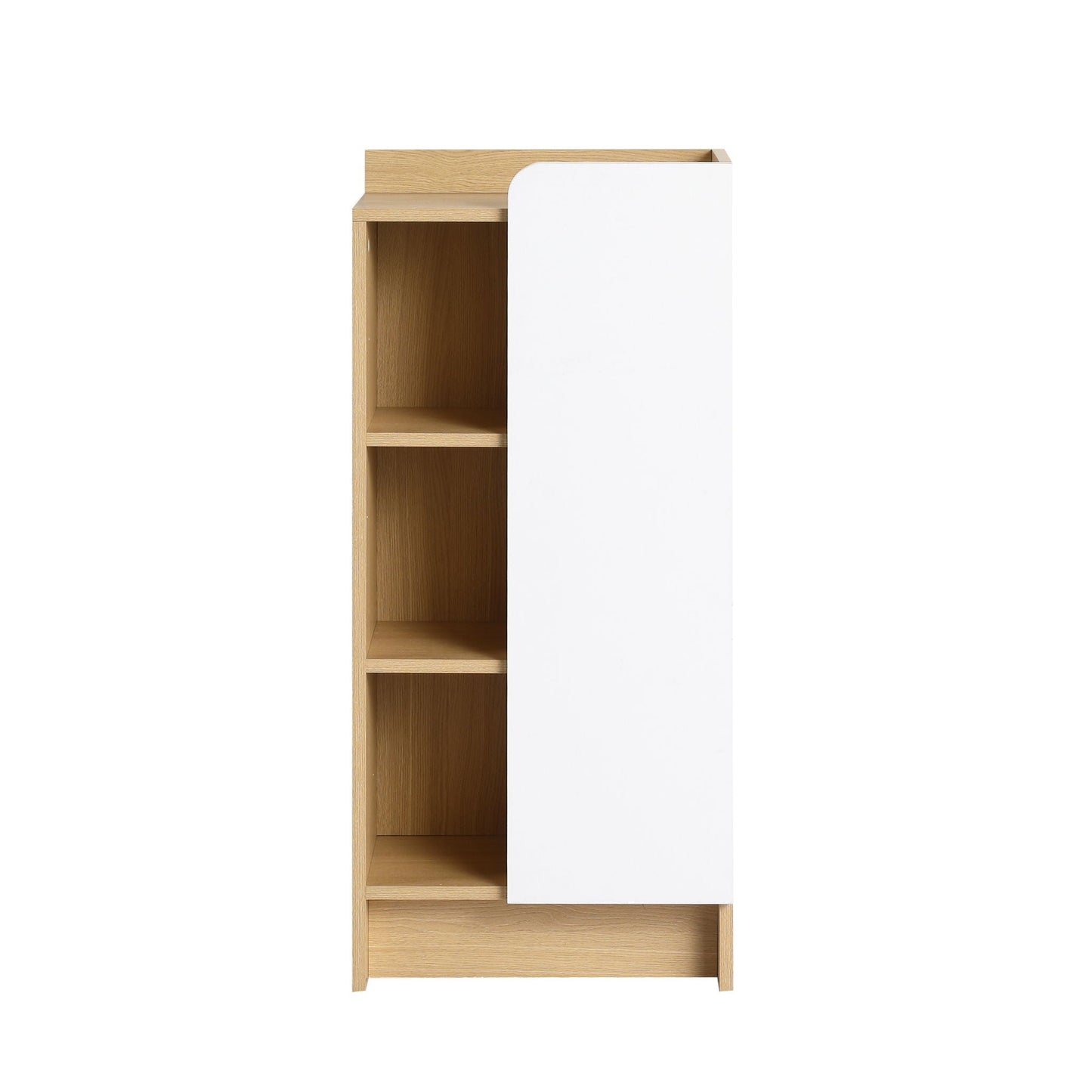 HouseOfZazla freestanding linen cabinet with oak 3-tier open shelves and a white door panel on Tampa Home & Garden Store