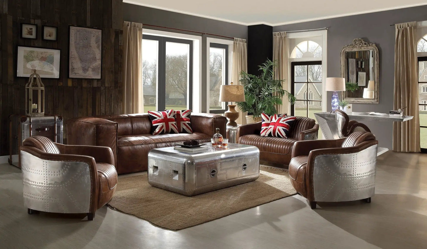 Brancaster grain leather sofas brown stationary set by Unique Piece Furniture in living space on Tampa Home & Garden Store