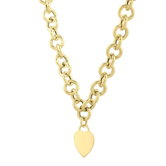 14K yellow gold rolo-link necklace with heart tag pendant, polished gold finish on Tampa Home & Garden Store