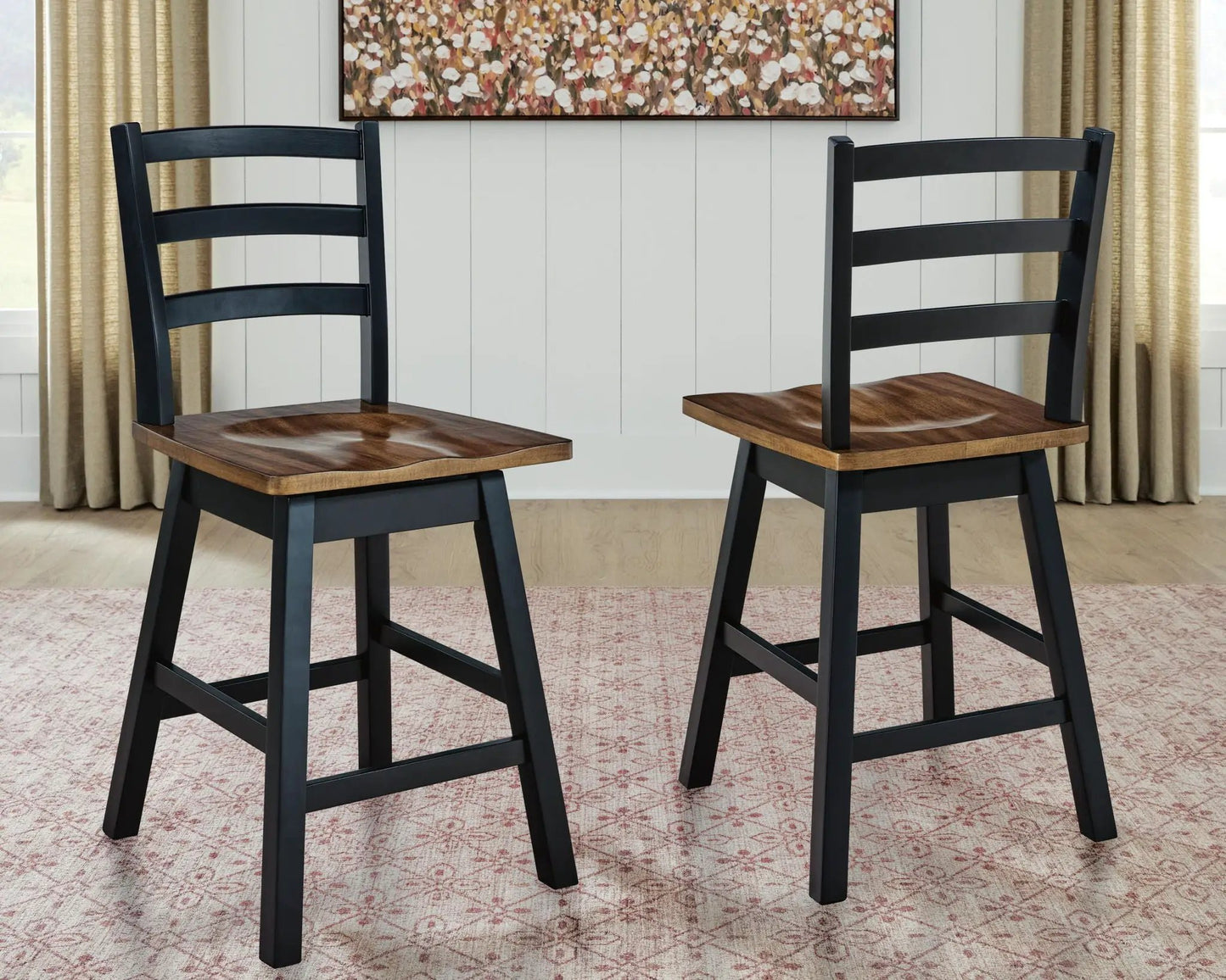 Wildenauer Swivel Stool Set of 2, black metal frames, wood seats, Unique Piece Furniture on Tampa Home & Garden Store