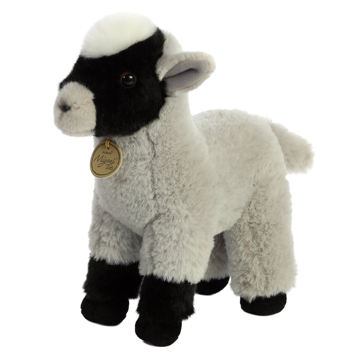 Miyoni Tots Goat Kid plush toy with black and white fur and soft plush texture, tag visible on Tampa Home & Garden Store