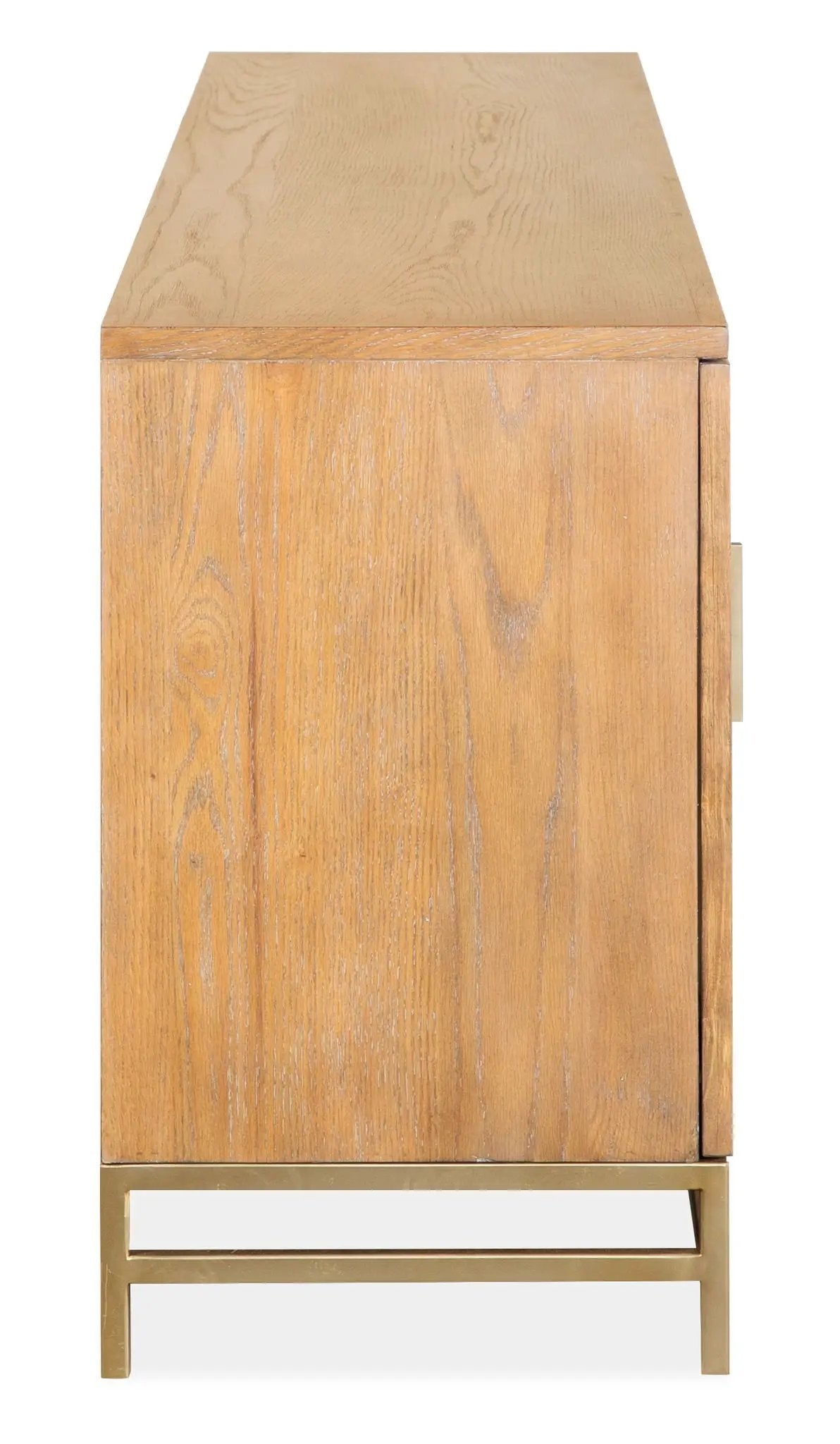 Lindon console by Unique Piece Furniture in natural oak finish with gold metal base on Tampa Home & Garden Store