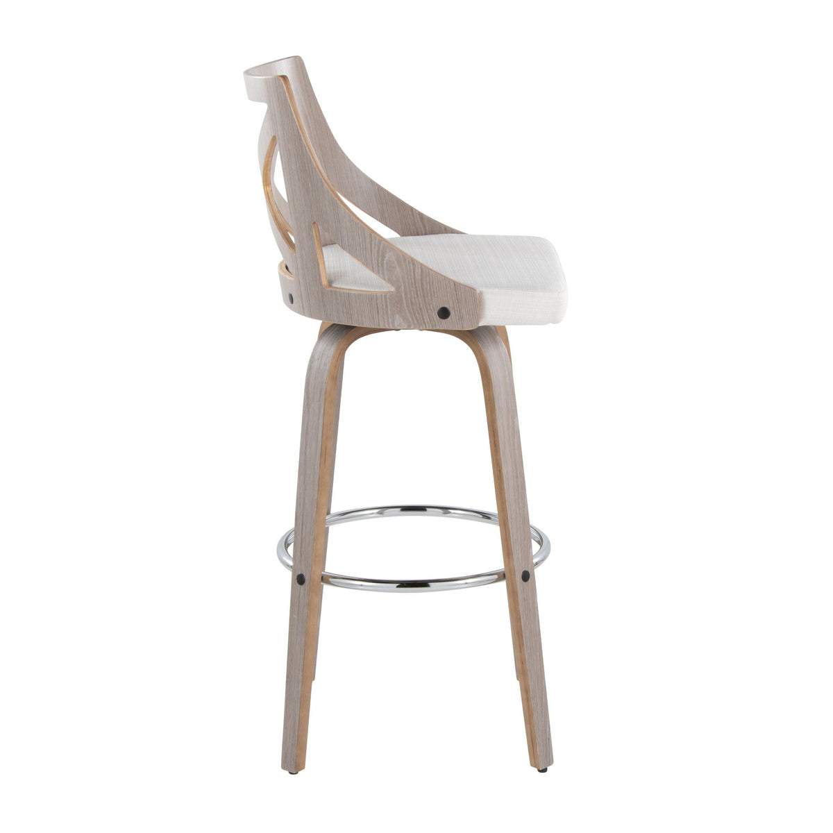 Farmhouse fixed-height bar stool set with round footrest, gray wood and beige upholstered seat on Tampa Home & Garden Store