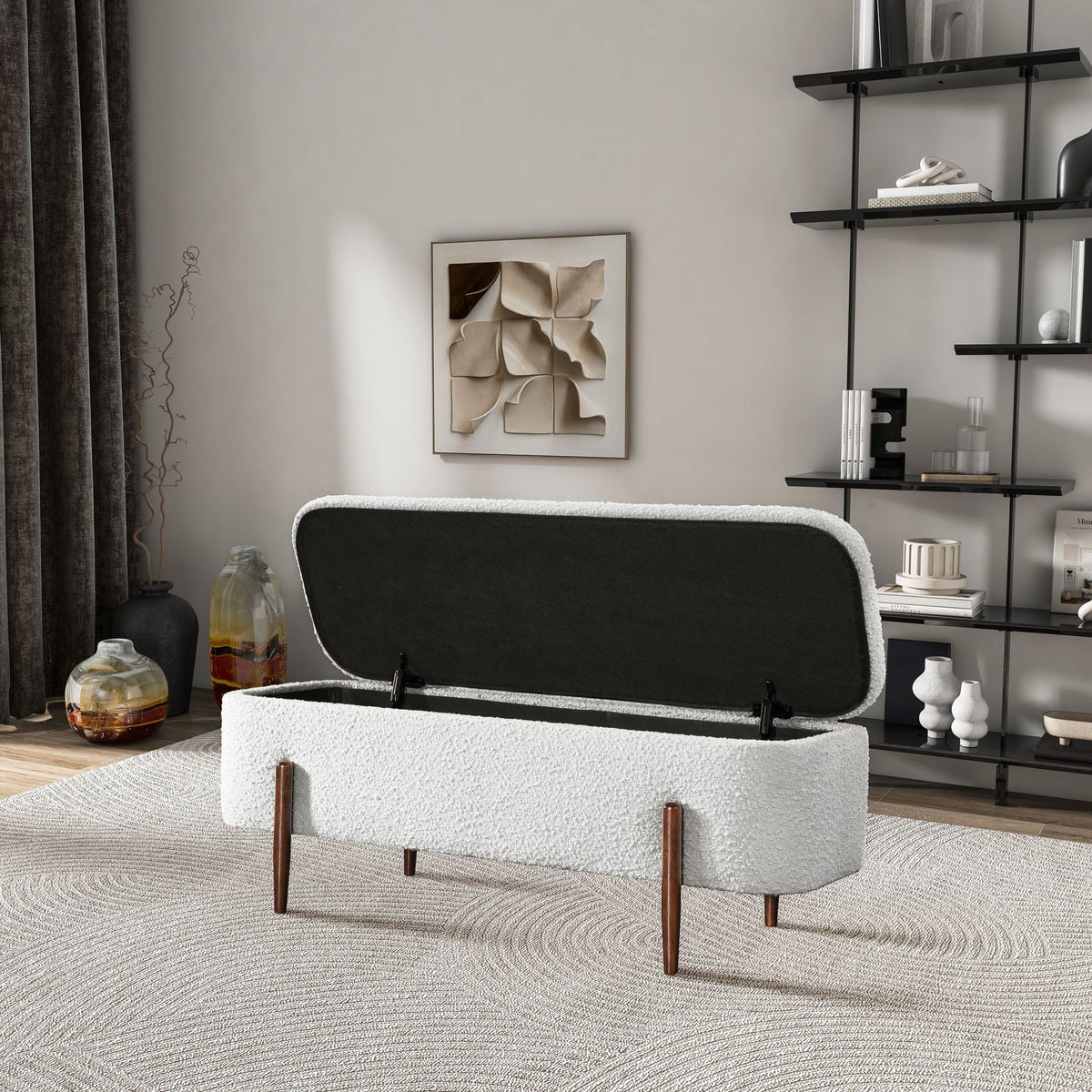 Ivory boucle storage bench with hidden lid, open interior, wooden legs HouseOfZazla on Tampa Home & Garden Store
