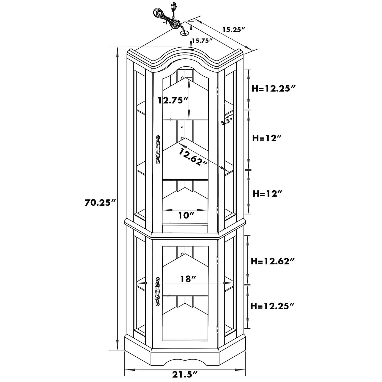 Walnut corner curio cabinet with lights, adjustable tempered glass shelves, mirrored back on Tampa Home & Garden Store