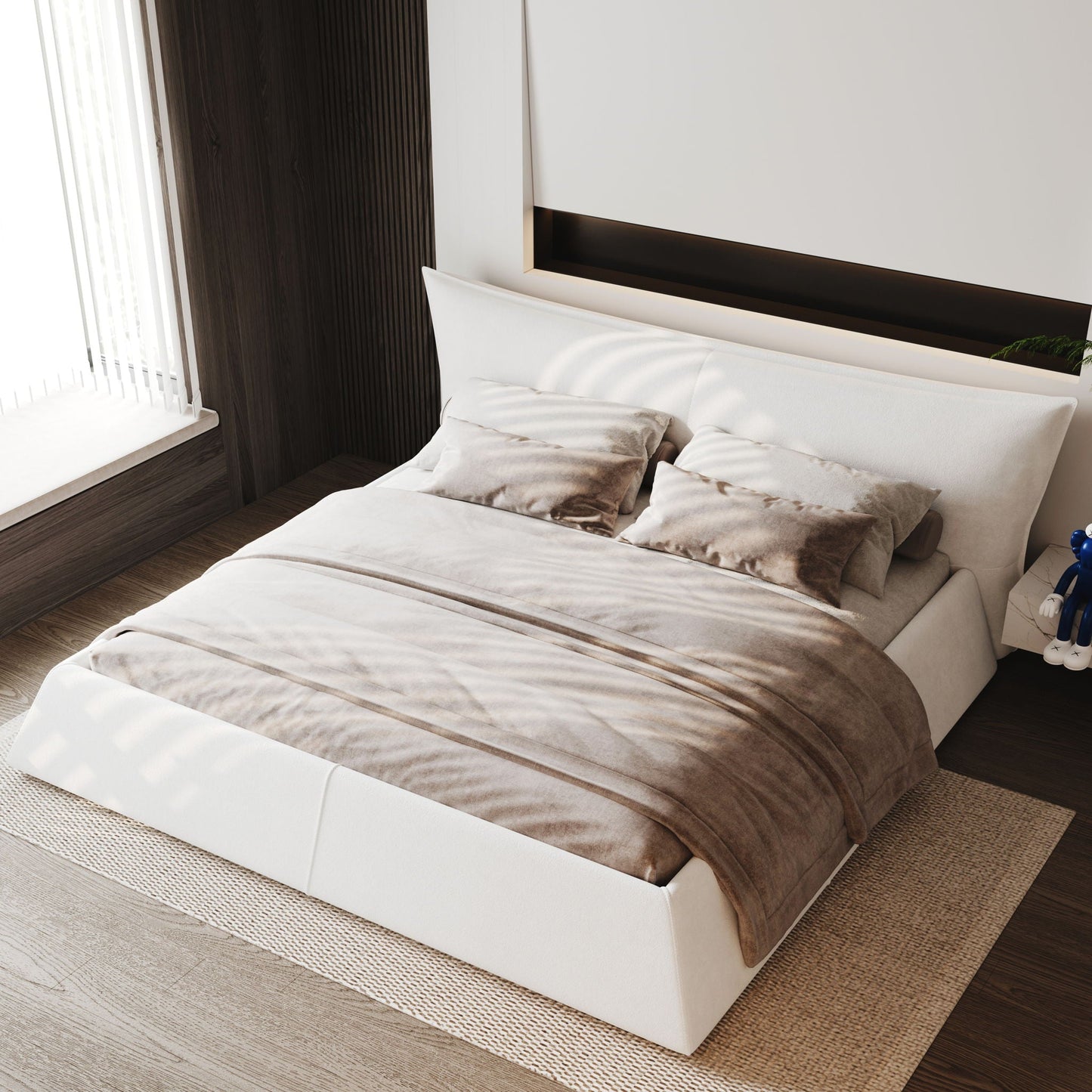 King size platform bed with cream upholstery and special-shaped headboard by HouseOfZazla on Tampa Home & Garden Store