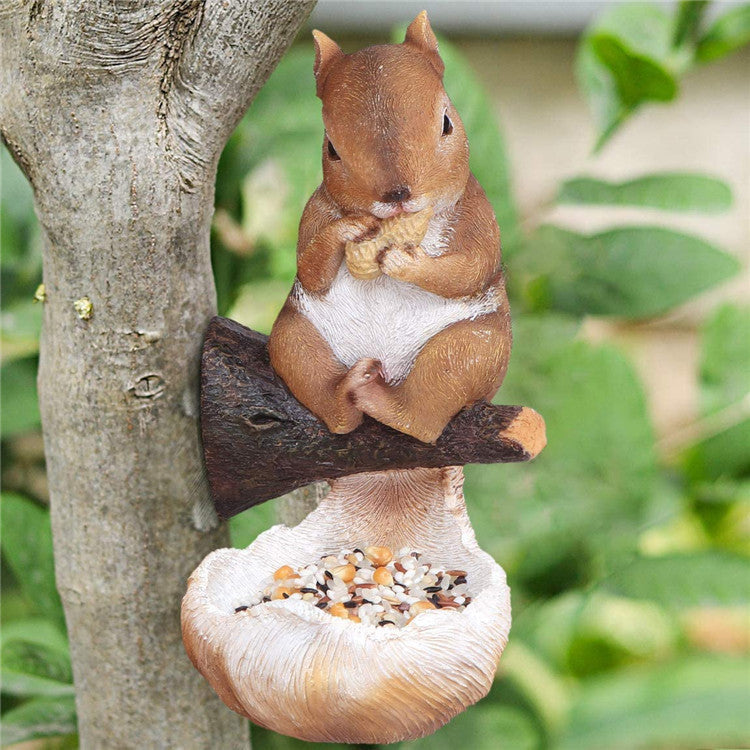 Cute squirrel bird feeder perched on a branch with seed bowl brown resin garden decor on Tampa Home & Garden Store