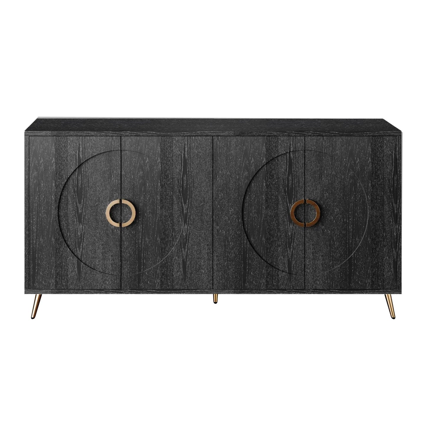Modern lacquered 4-door wooden sideboard with dark grain and ring pulls, gold legs on Tampa Home & Garden Store