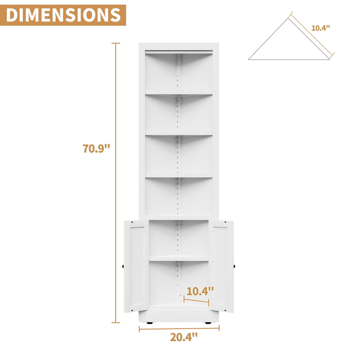 Tall white HouseOfZazla corner storage cabinet with 2 doors and 5 adjustable shelves on Tampa Home & Garden Store