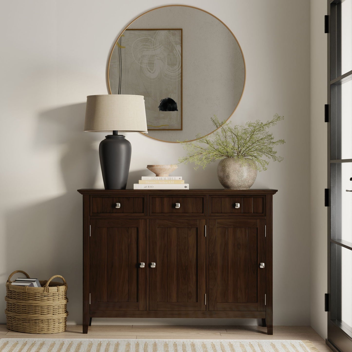 Acadian brown entryway storage cabinet dark wood accent cabinet with metal pulls HouseOfZazla on Tampa Home & Garden Store