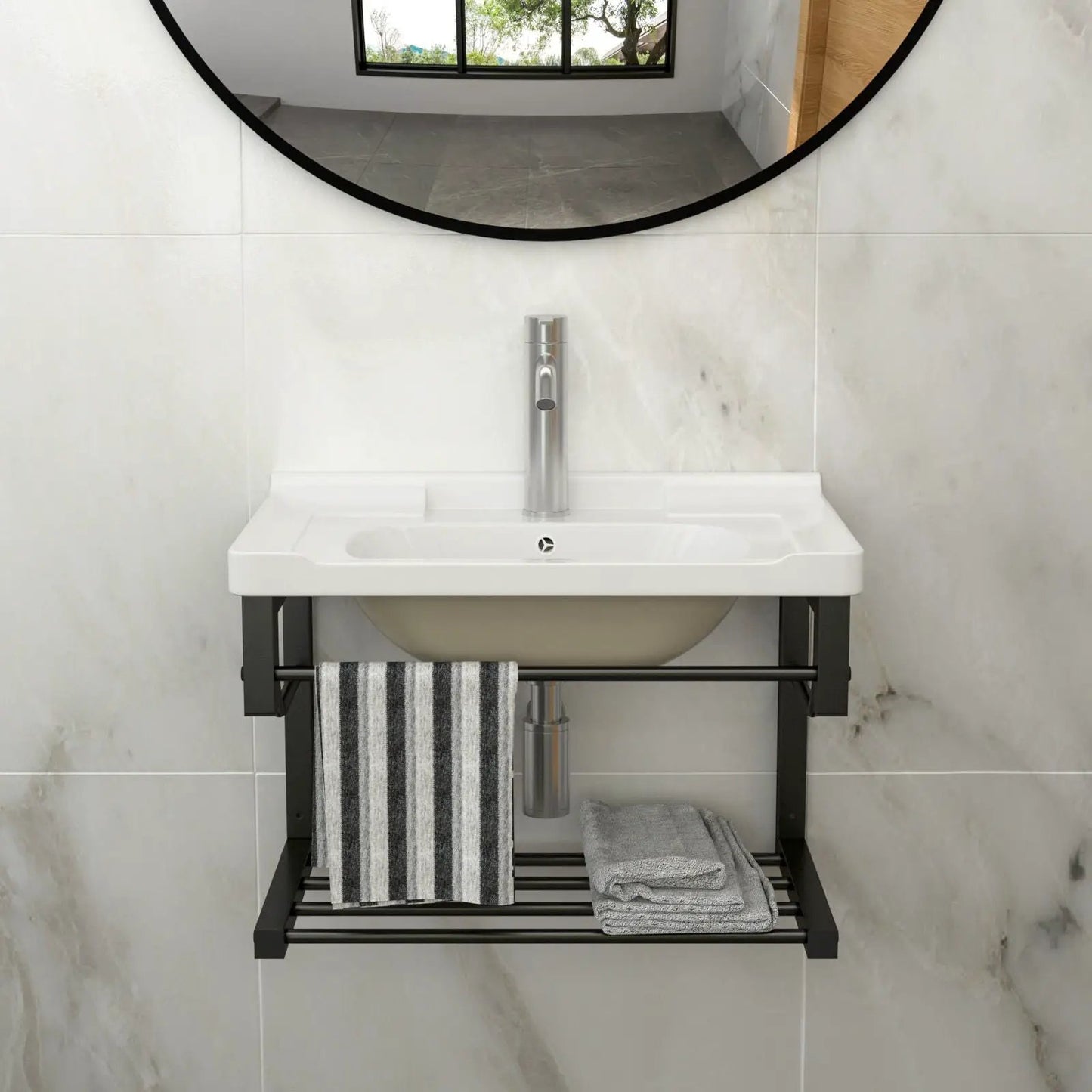 Wall Mounted Rectangular Sink with Towel Bar