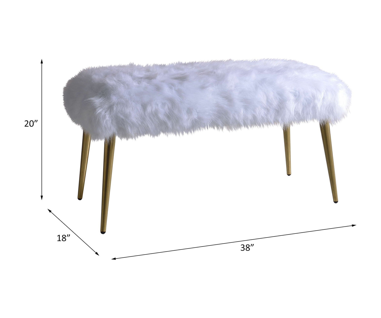 Bagley II Faux Fur Bench White with gold legs, upholstered seating on Tampa Home & Garden Store