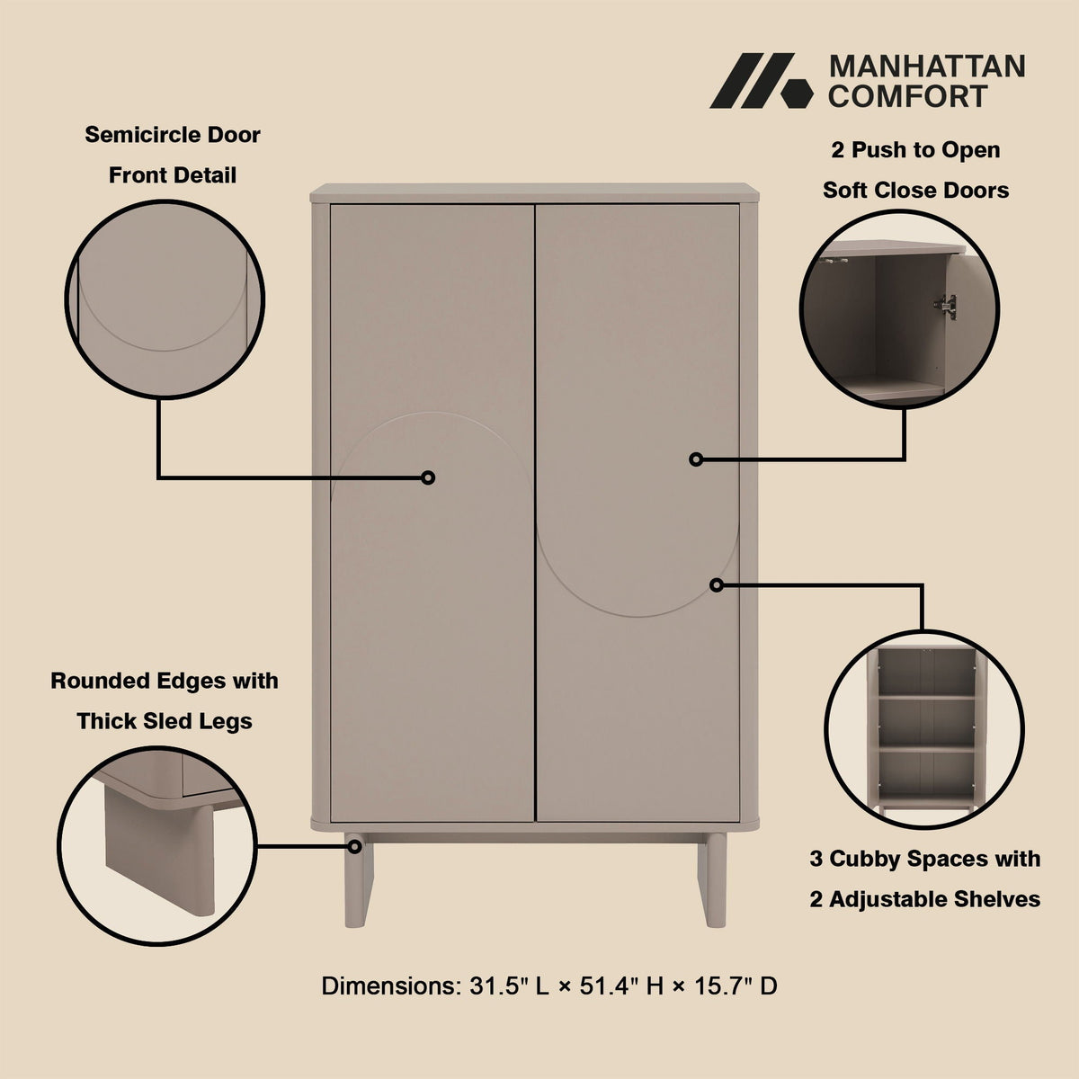Accent Cabinet with soft close doors and adjustable shelves in neutral beige by HouseOfZazla on Tampa Home & Garden Store
