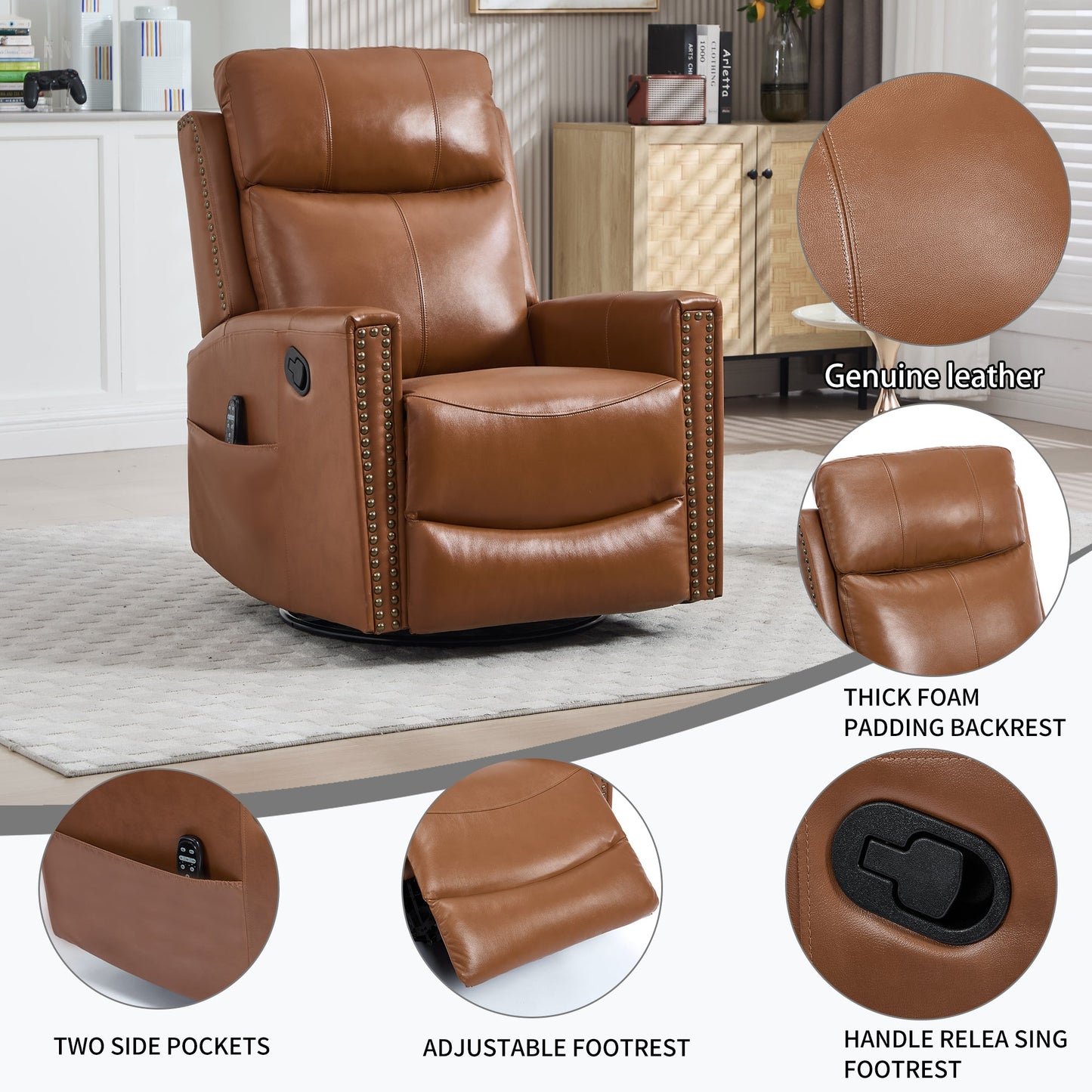 Deep Swivel Recliner and Massage Chair in brown genuine leather with nailhead trim on Tampa Home & Garden Store