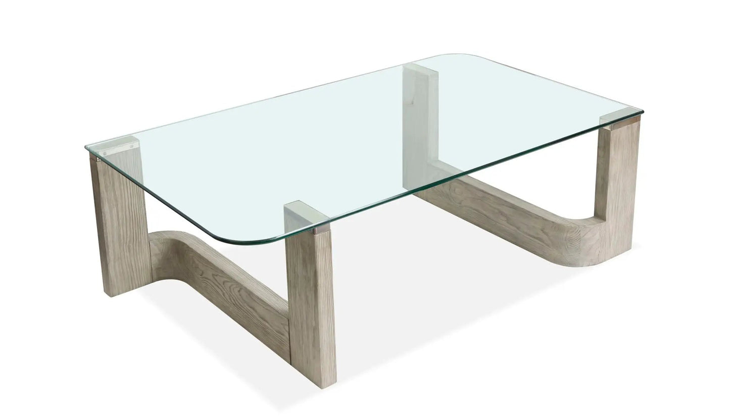 Bartlett rectangular end table with glass top rounded corners and light wood curved legs on Tampa Home & Garden Store