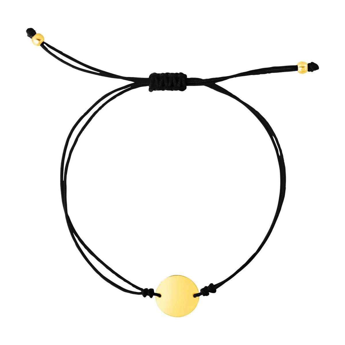 Bracelet black cord with 14K yellow gold circle charm and adjustable knots on Tampa Home & Garden Store