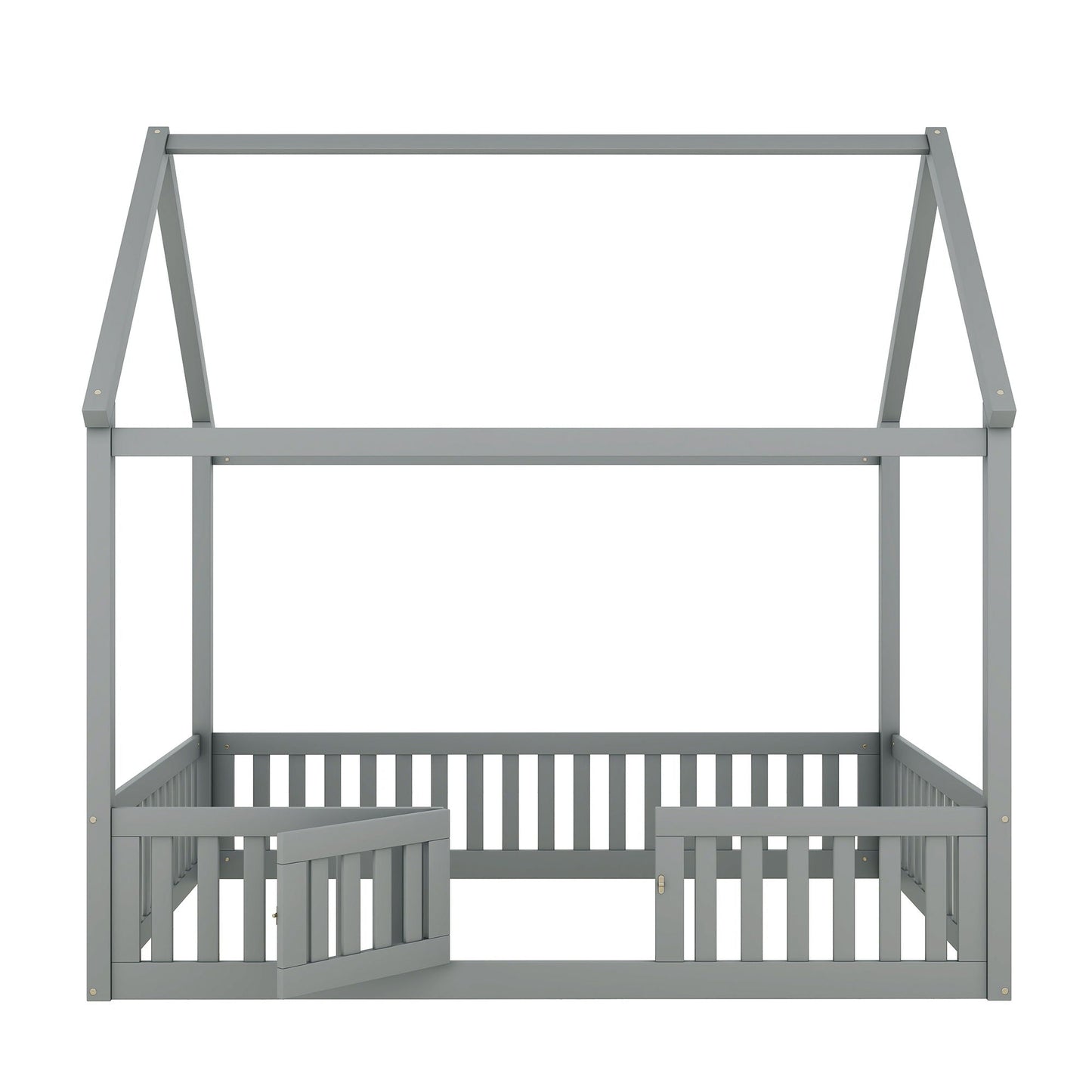 Wood House Bed With Fence And Door by HouseOfZazla, gray finish, platform bed frame on Tampa Home & Garden Store