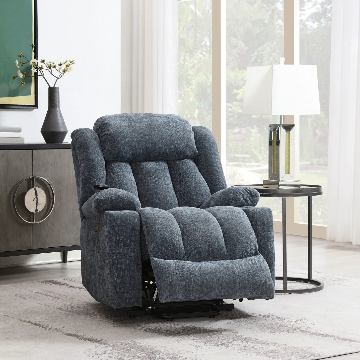 Power motion recliner with lift in blue plush fabric, near side table and lamp on Tampa Home & Garden Store