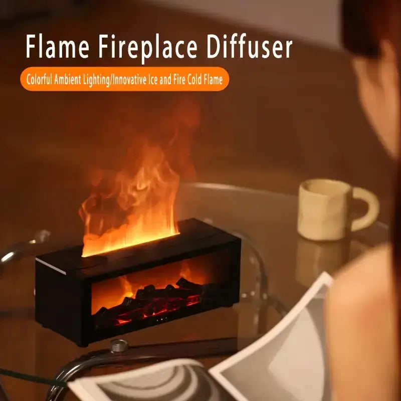 USB Fireplace Air Freshener with LED flame, black compact unit glowing orange light on glass on Tampa Home & Garden Store