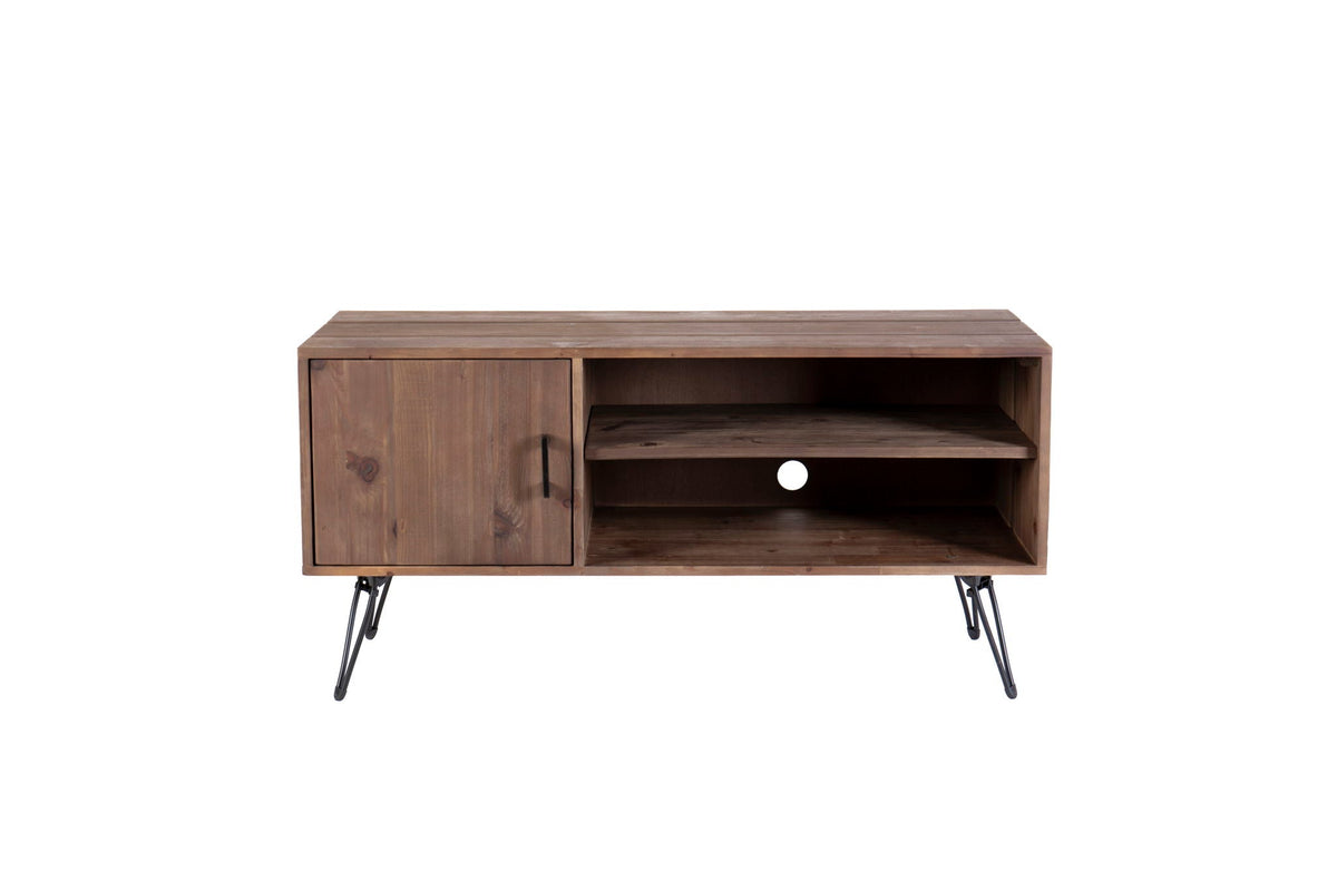 Reclaimed wood TV stand with cabinet and open shelving in natural finish on Tampa Home & Garden Store