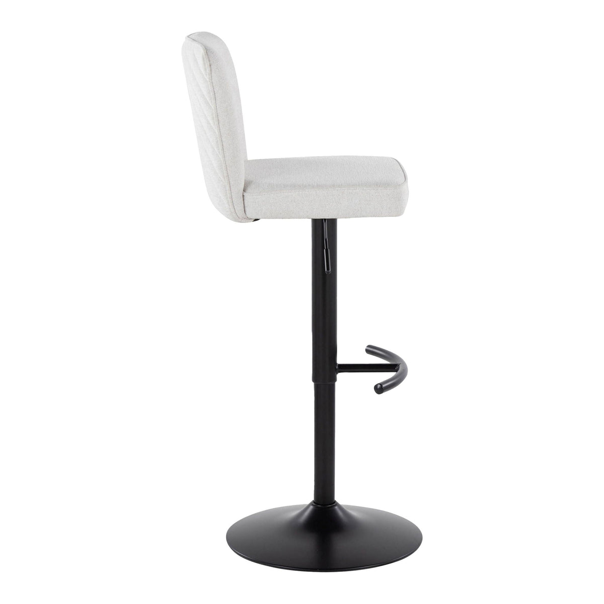 Beige upholstered adjustable barstool with swivel, rounded T-footrest, black pedestal base on Tampa Home & Garden Store