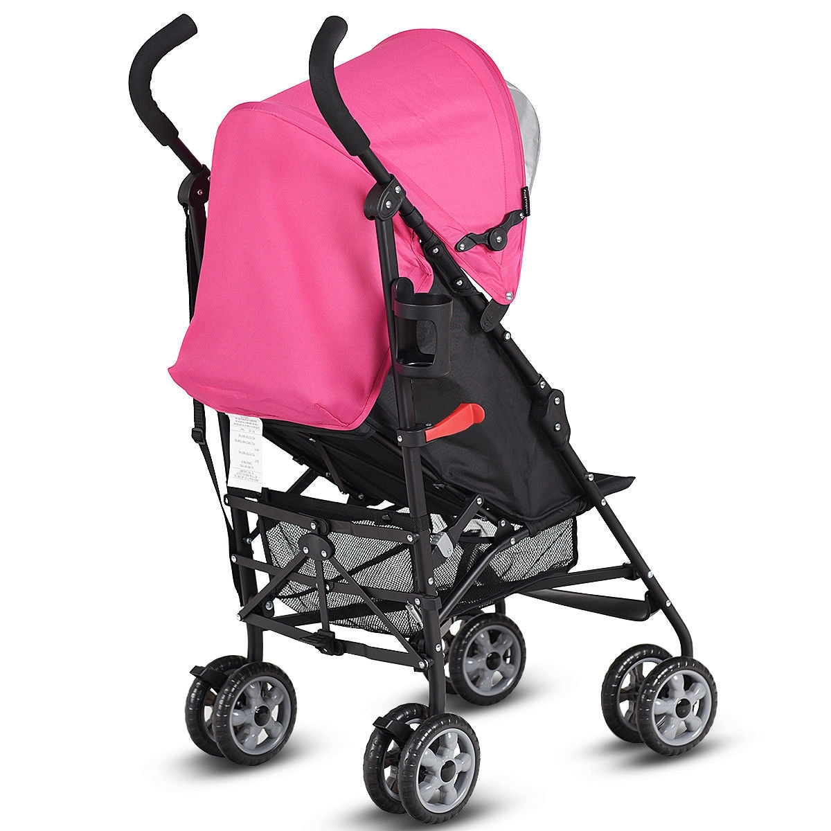 Folding lightweight toddler umbrella stroller with pink canopy, black frame, 4 wheels on Tampa Home & Garden Store