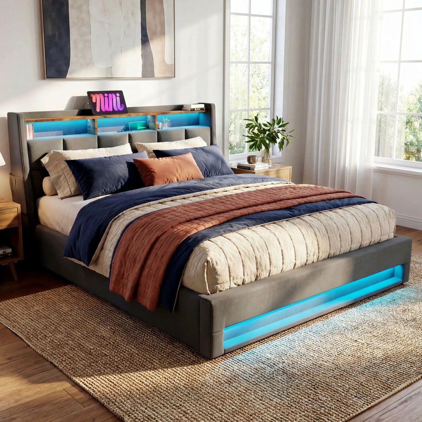 Upholstered Platform Bed With Storage USB LED
