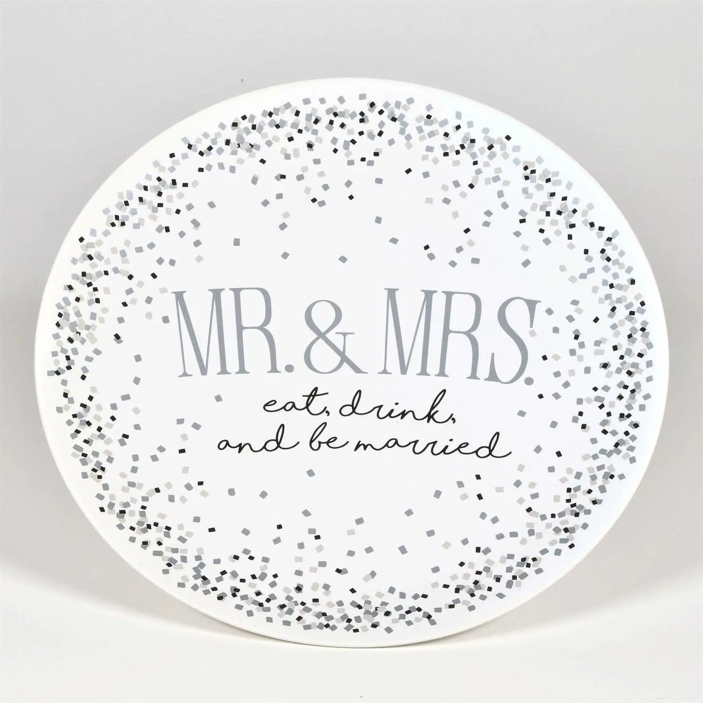 Mr & Mrs Eat, Drink and Be Married Platter round ceramic with silver confetti border on Tampa Home & Garden Store
