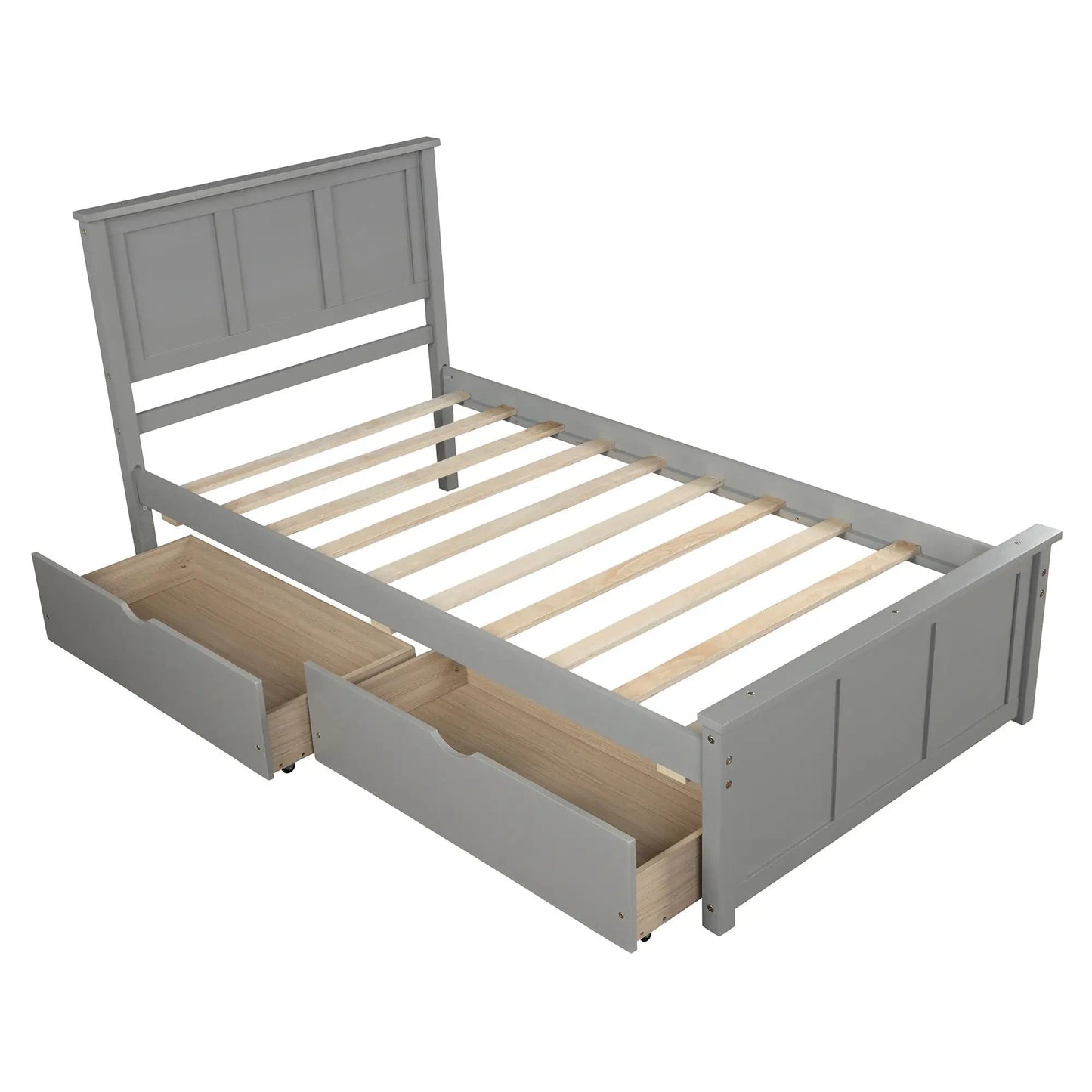 Gray platform storage bed with paneled headboard and two wheel-base drawers, wood slat base on Tampa Home & Garden Store