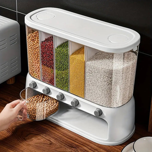 Moktan Sabai 5-compartment grain dispenser white plastic with clear jars on countertop on Tampa Home & Garden Store