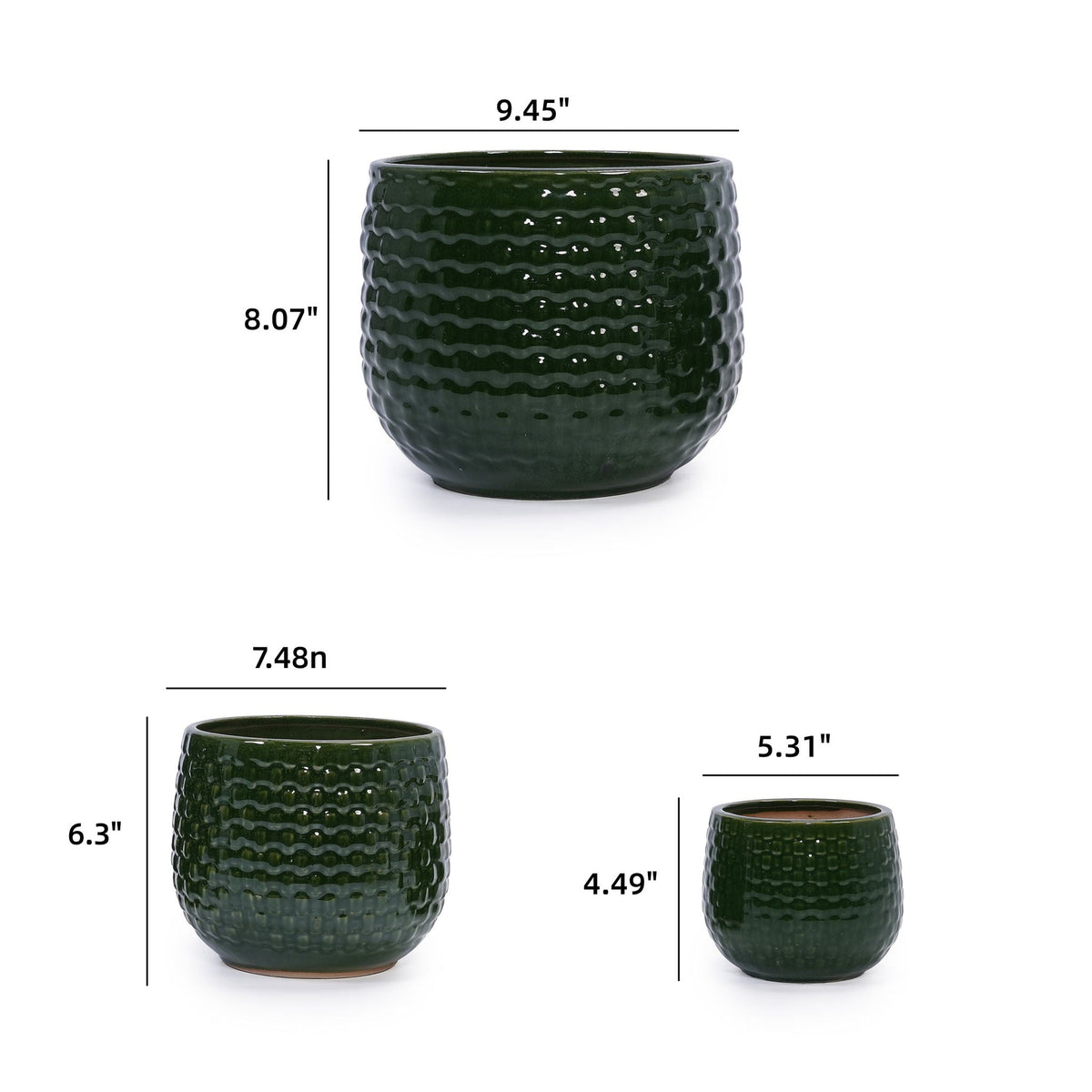 3-piece dark green ripple-textured planter set for patio and windowsills on Tampa Home & Garden Store