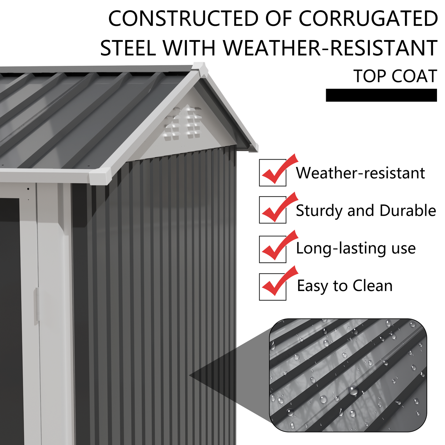 9x6 ft metal garden shed by HouseOfZazla, gray corrugated steel with white trim on Tampa Home & Garden Store