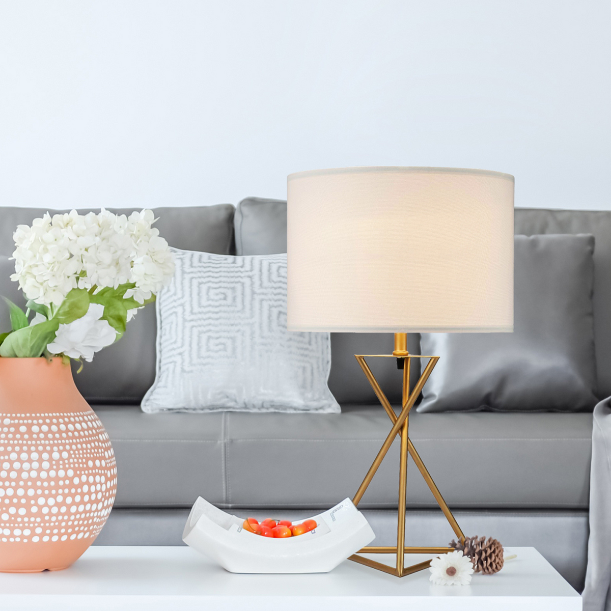 Ester mid-century metal table lamp in matte gold with beige fabric shade, 26.25 in tall on Tampa Home & Garden Store