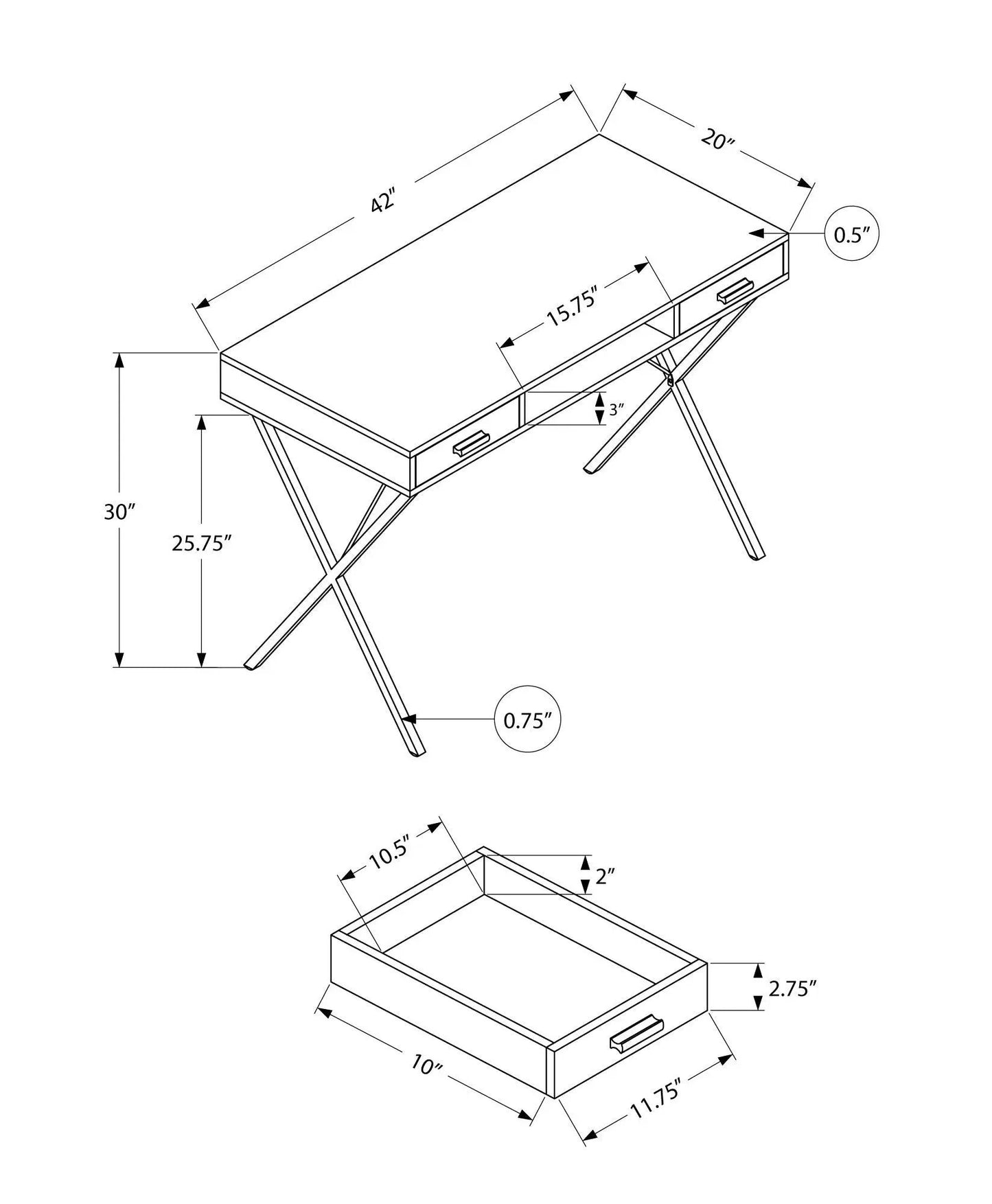 Computer desk with marble laminate top, black metal X-frame, 2 drawers, left/right setup on Tampa Home & Garden Store