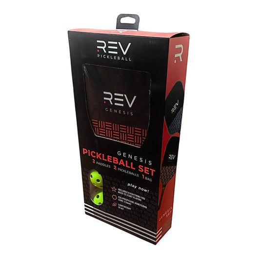Genesis Pickleball Paddle Set by REV Pickleball in black/red packaging with 2 paddles and balls on Tampa Home & Garden Store