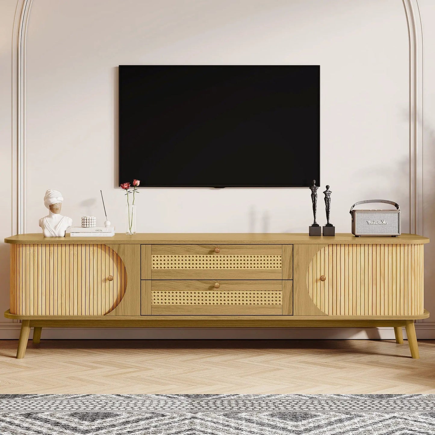 Rattan TV stand natural wood with cane panel accents, modern farmhouse media console on Tampa Home & Garden Store