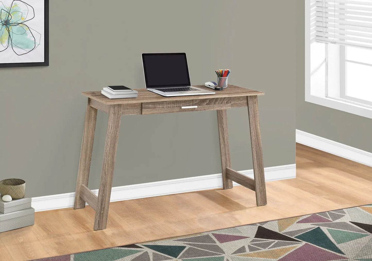 Stylish design computer desk with storage drawer in weathered wood finish laptop and stationery on Tampa Home & Garden Store
