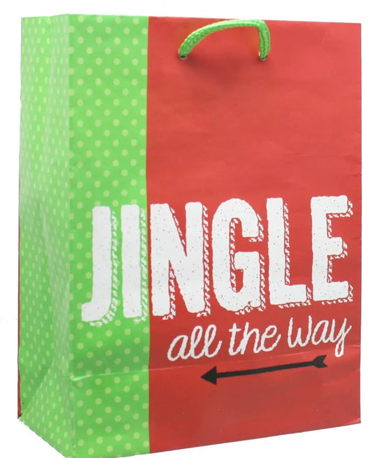 Jingle All the Way Gift Bag with Tissue; red & green bag with text and green rope handles on Tampa Home & Garden Store