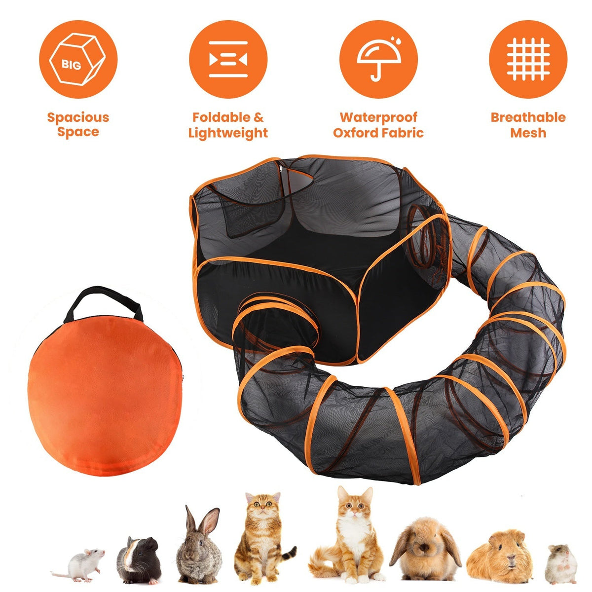 GemGear 2-in-1 foldable pet play tent with tunnel and carry bag, breathable mesh, orange trim on Tampa Home & Garden Store