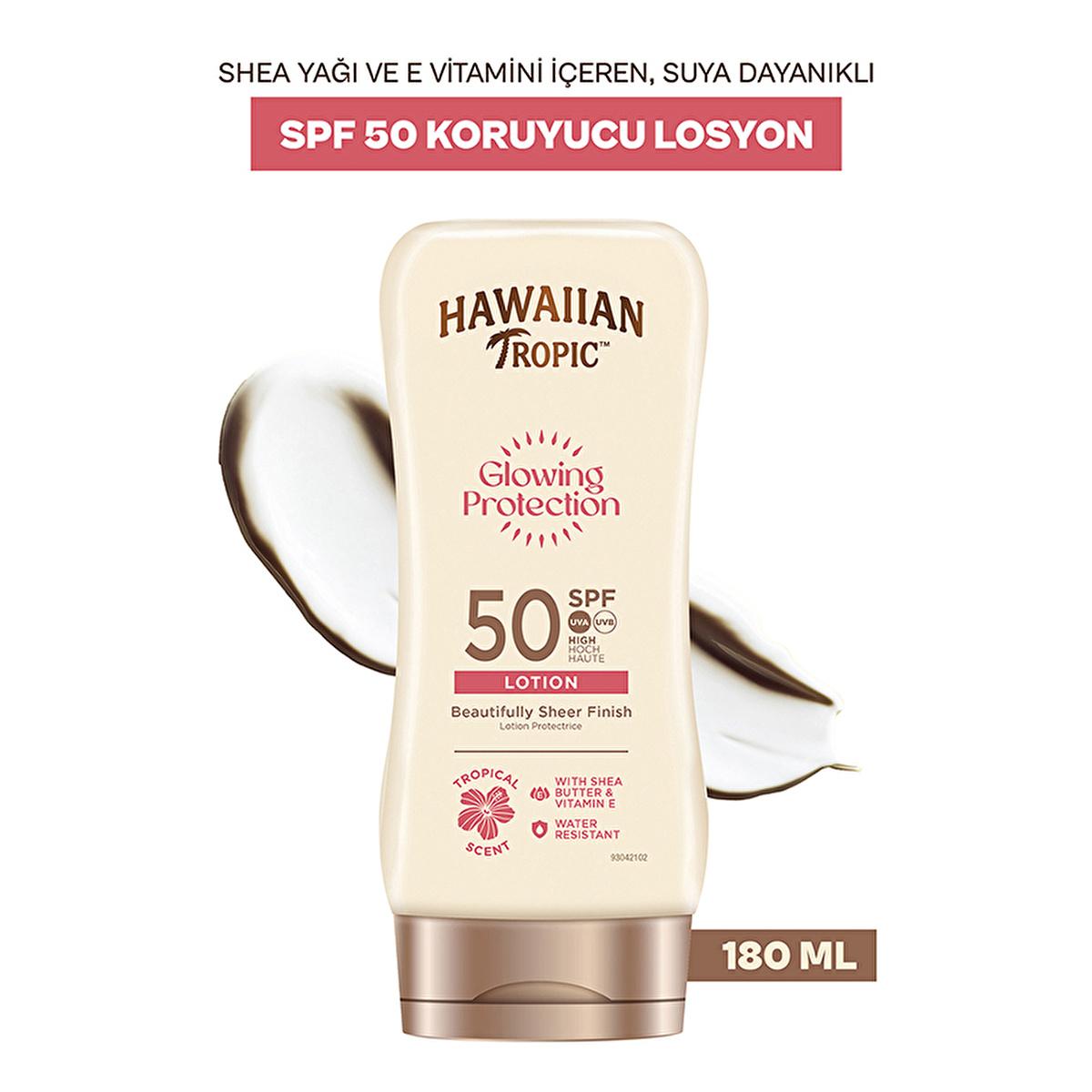 Hawaiian Tropic Glowing Protection SPF 50 sunscreen lotion in beige bottle 180 ml on Tampa Home & Garden Store