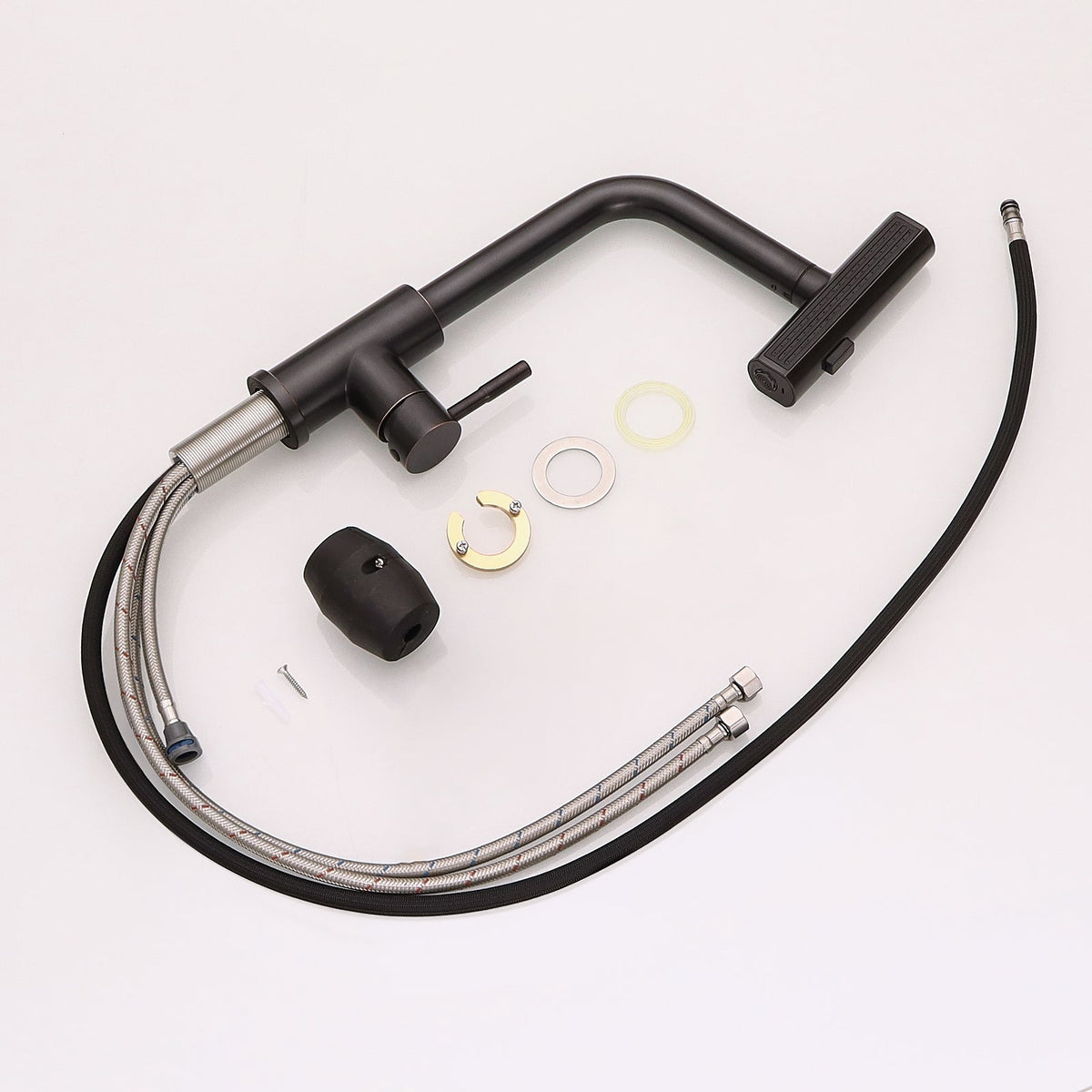 360° Rotation Pull-Down Kitchen Faucet Rubbed Bronze with braided hoses and mounting hardware on Tampa Home & Garden Store