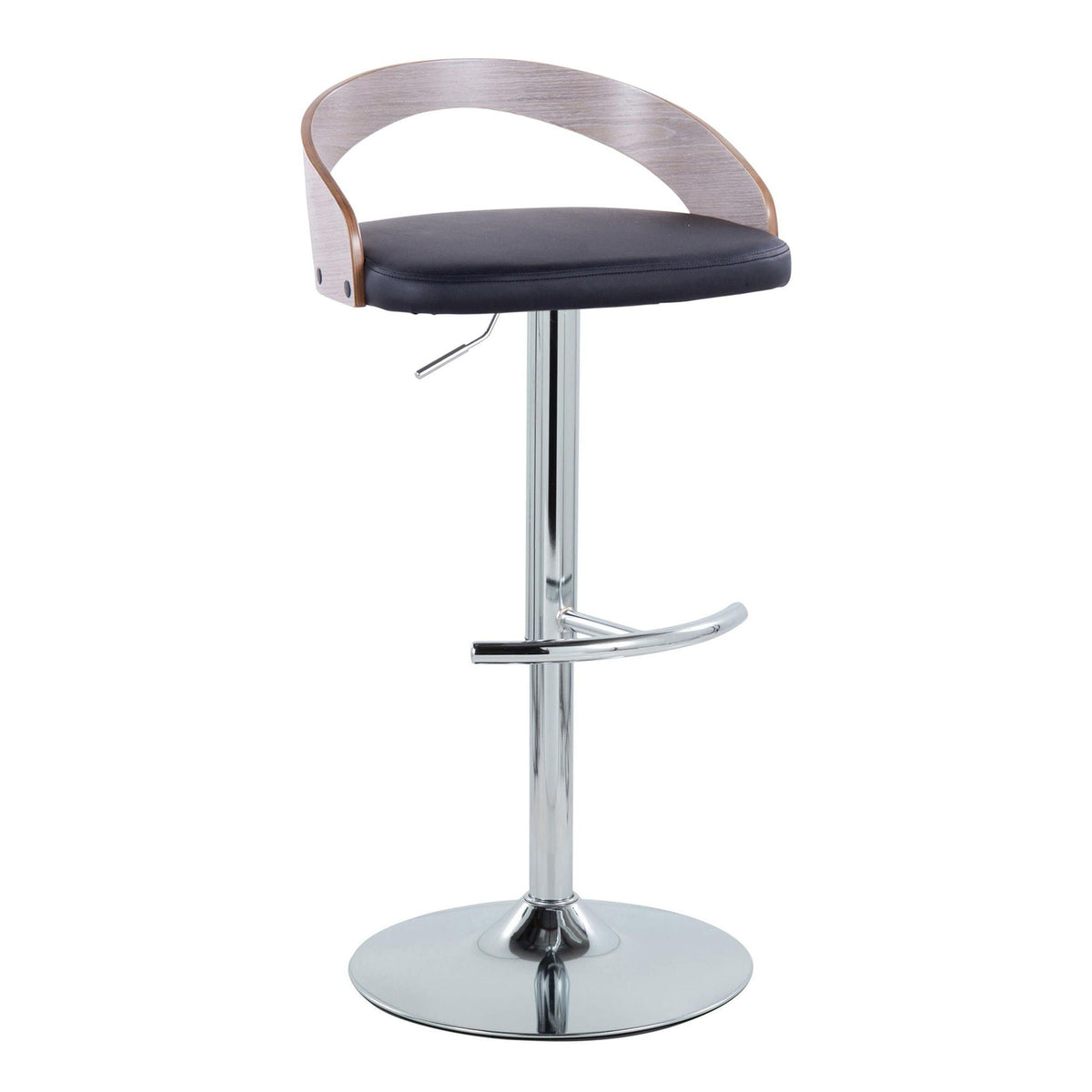 HouseOfZazla contemporary adjustable barstool with black cushioned seat, swivel chrome base and wood back on Tampa Home & Garden Store