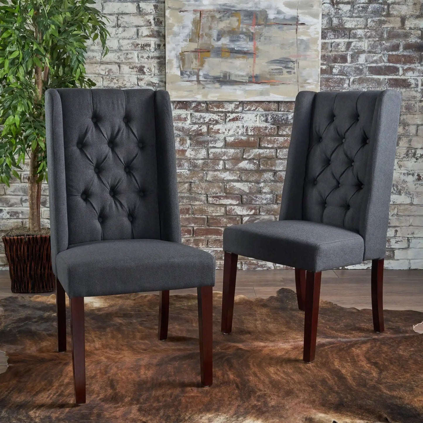 HouseOfZazla tufted dining chairs: 2 high-back gray chairs with tufted backs and dark wood legs on Tampa Home & Garden Store