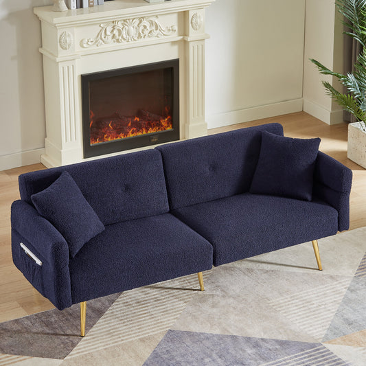 Modern Teddy Upholstered Accent Loveseat Sofa in navy bouclΓ© with gold legs on Tampa Home & Garden Store