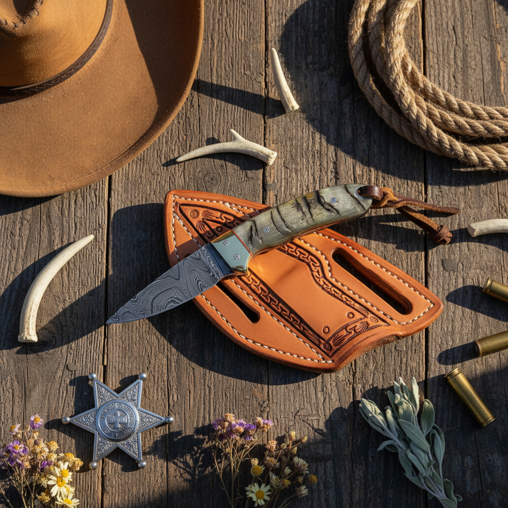 Compact Frontier Knife Damascus blade sheep horn handle brass bolster leather sheath on Tampa Home & Garden Store