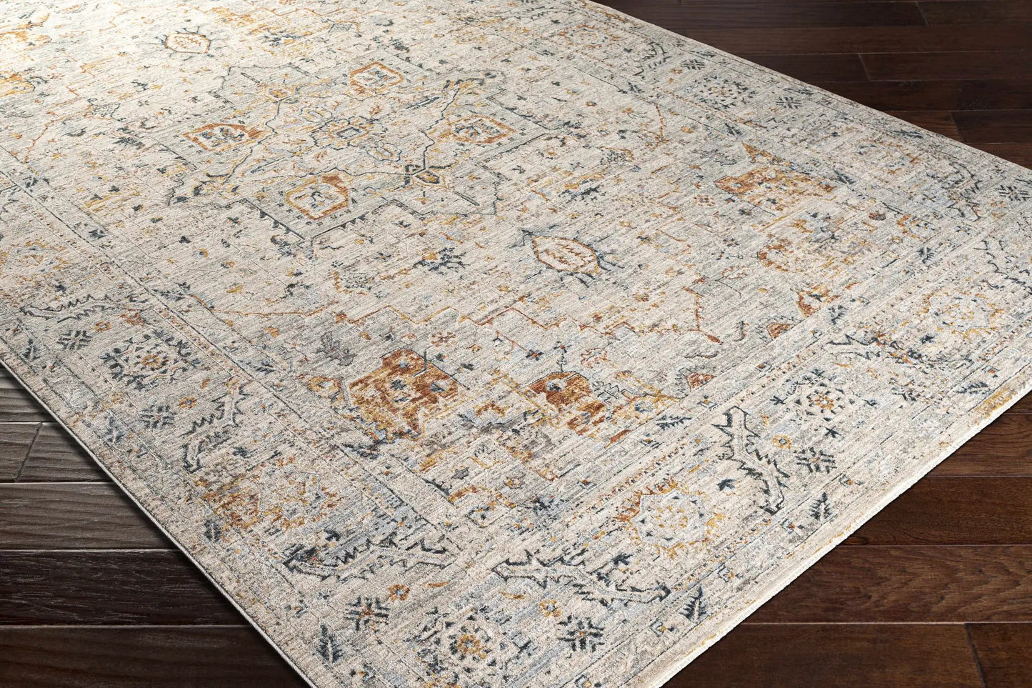 Darvel Luxe Rug teal gray mustard palette with distressed oriental motif Boutique Rugs on Tampa Home & Garden Store