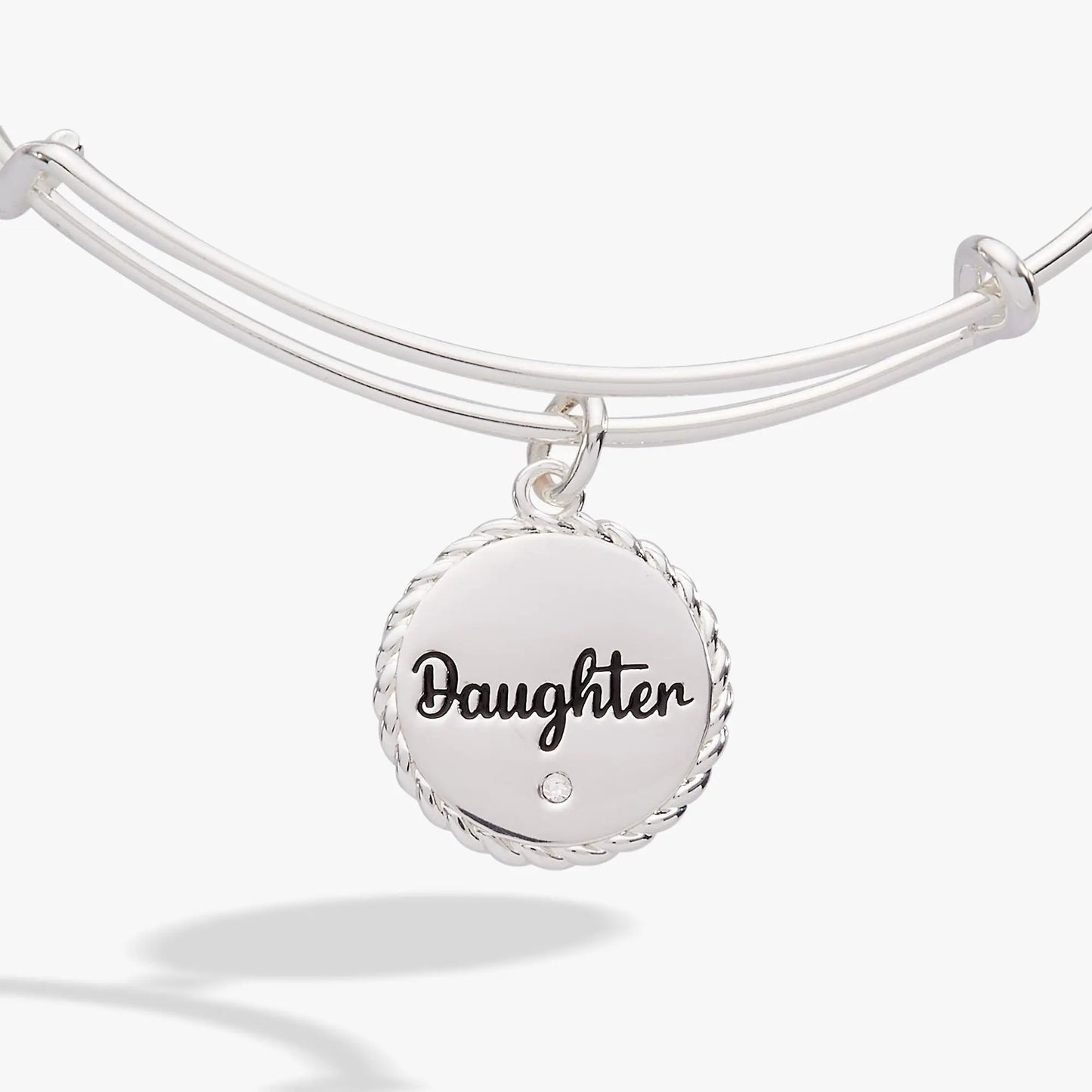 Silver-tone charm bangle with dual bands and round pendant engraved Daughter on Tampa Home & Garden Store