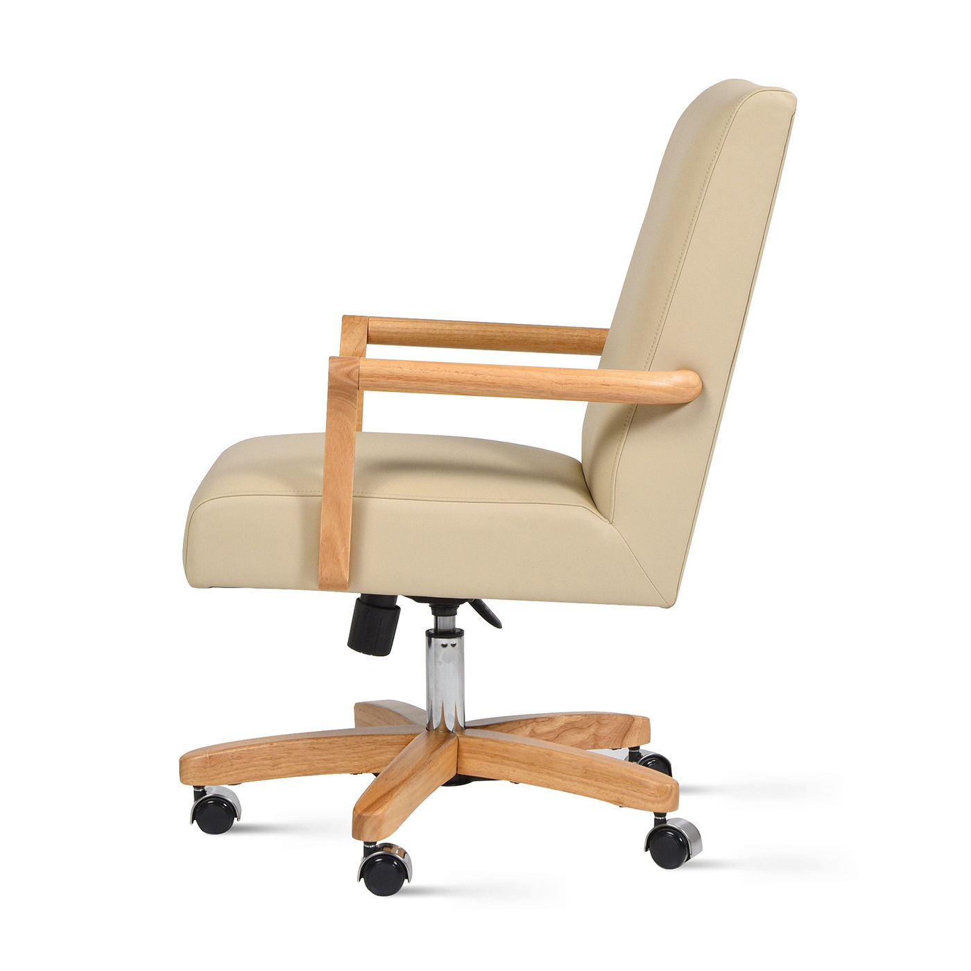 HouseOfZazla Dumont chair neutral cream beige upholstery natural wood arms/base 5-caster swivel on Tampa Home & Garden Store