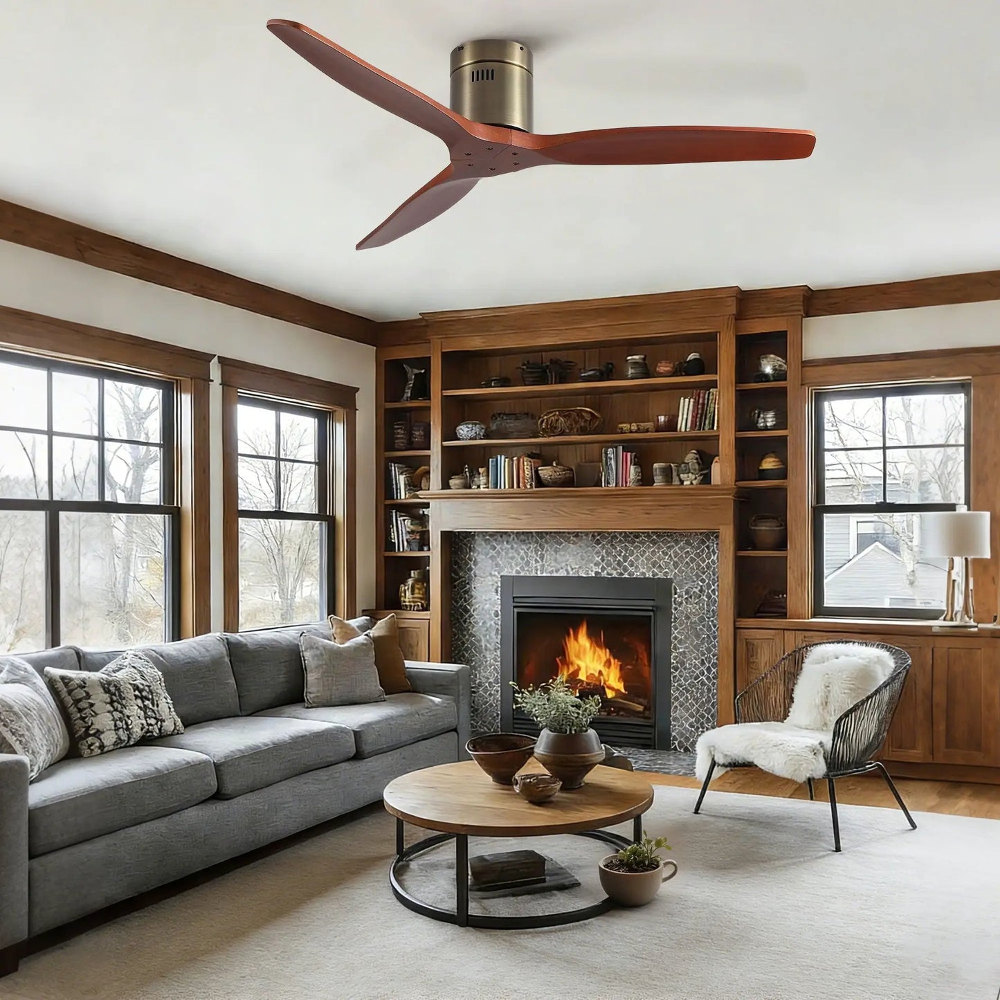 Low Profile Flush Mount Ceiling Fan wood blades brushed nickel motor Unique Piece Furniture on Tampa Home & Garden Store